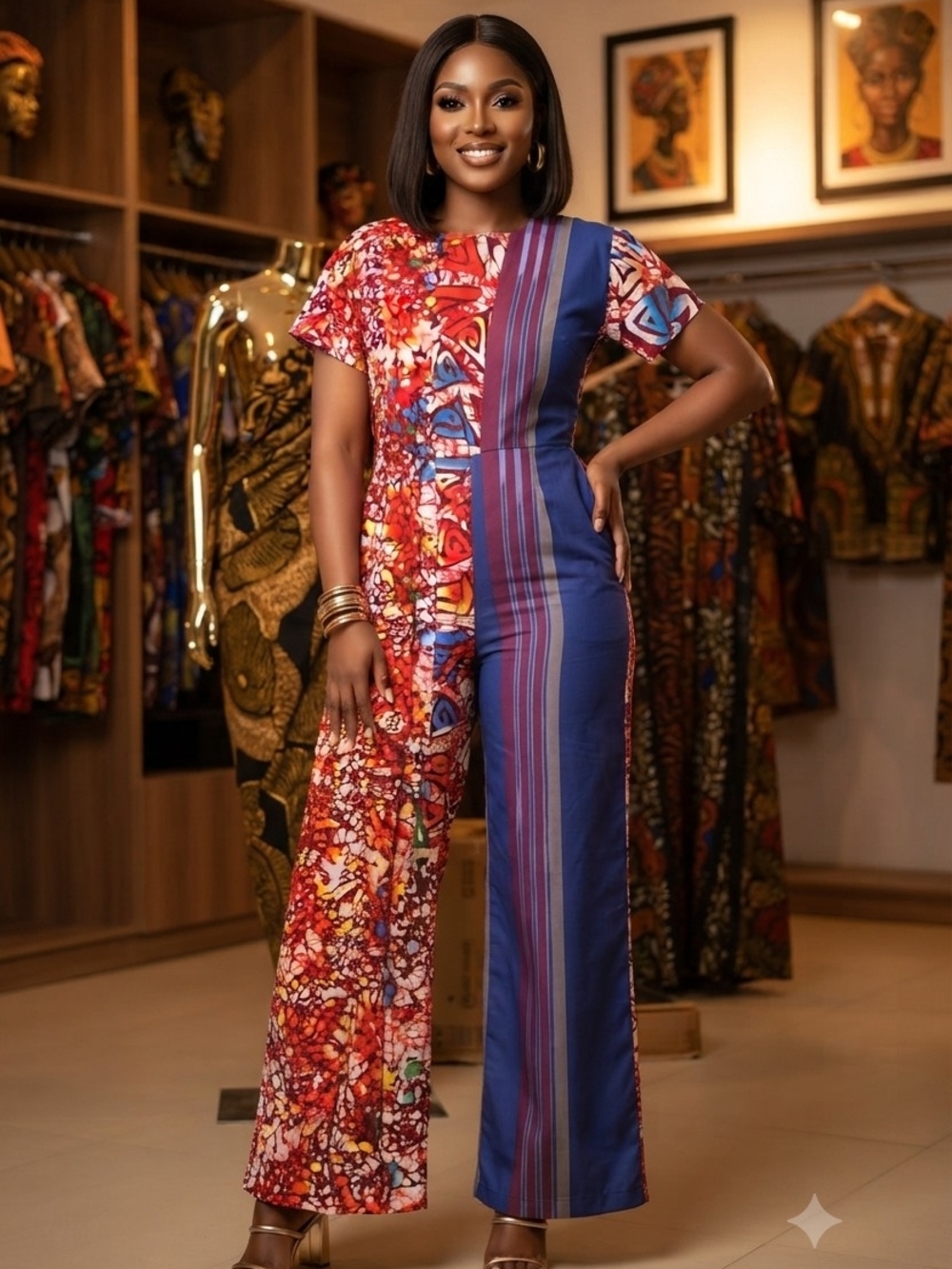 Ankara Short-Sleeve Jumpsuit - Red & Blue